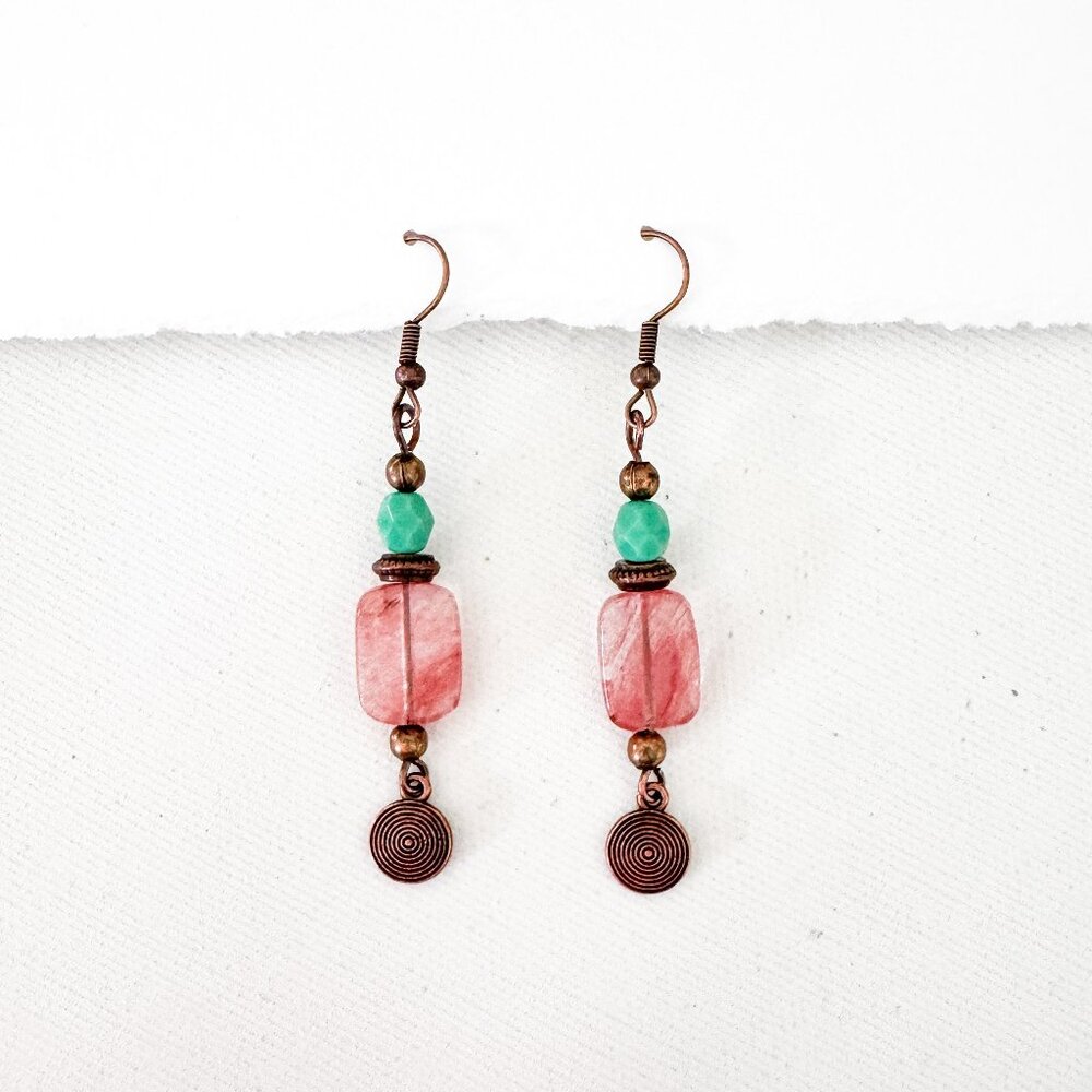 Handmade Cherry Quartz & Copper Dangle Earrings